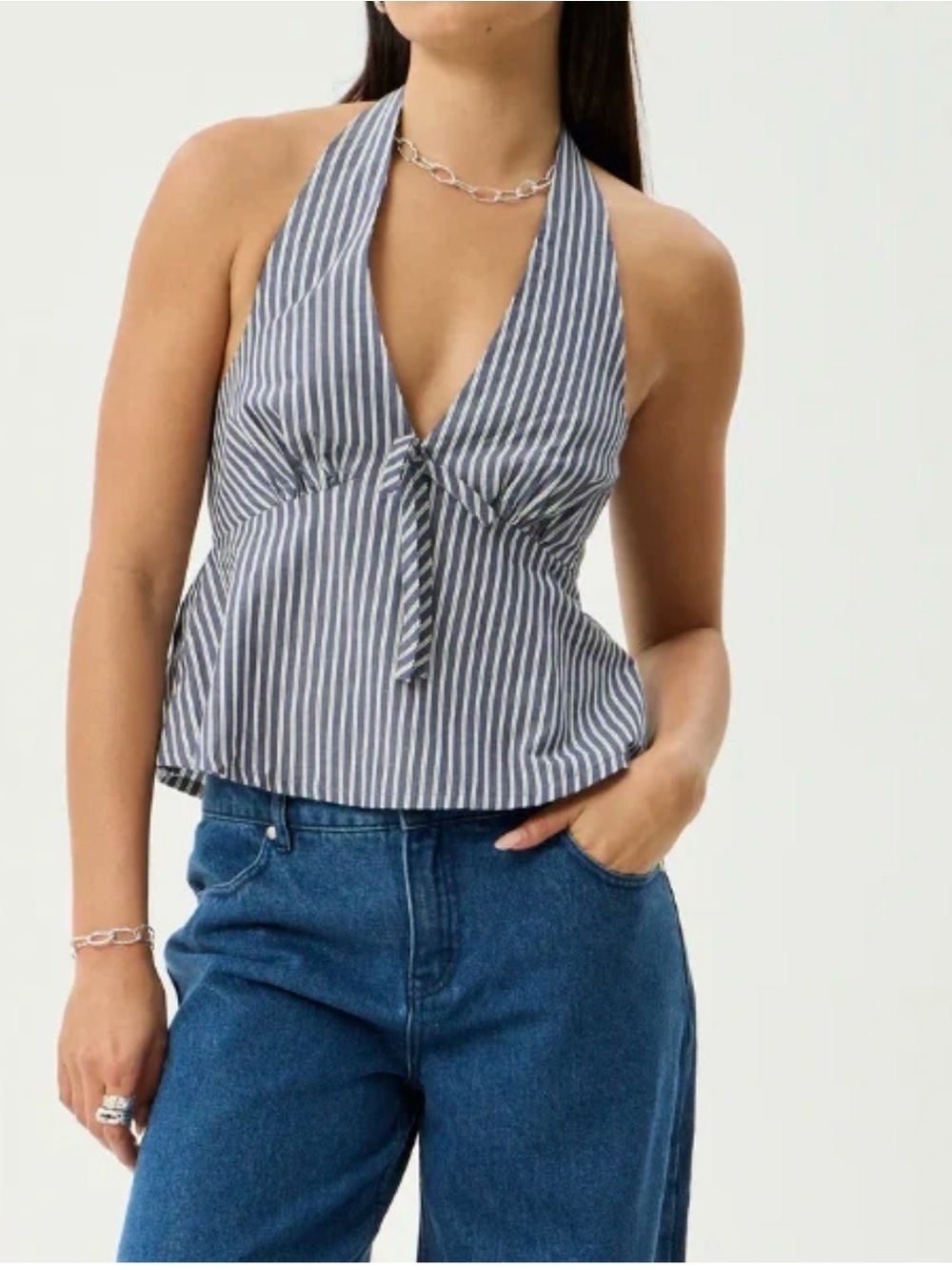 SIM & SAM Retro Y2K Blue Stripes Halter Peplum Top